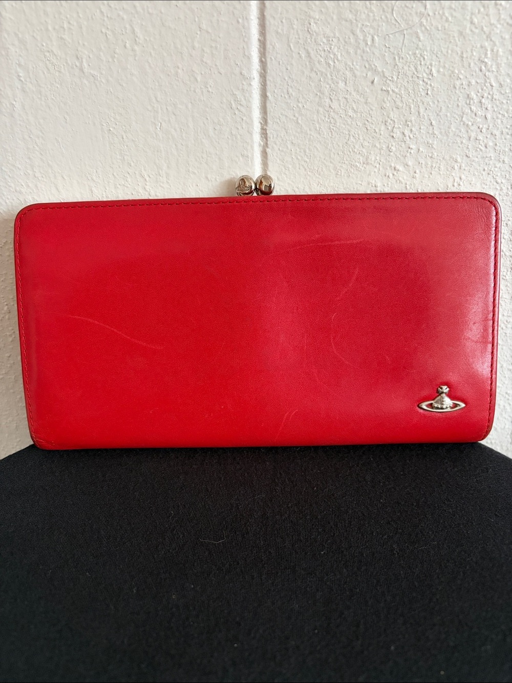 Vivienne Westwood Red Leather Kiss Lock Clutch Wallet with Orb Hardware